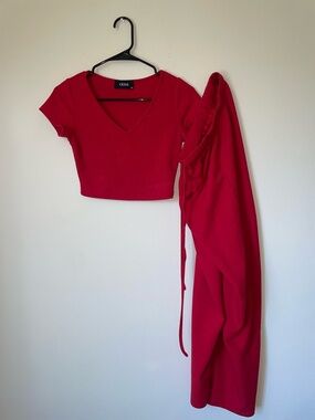 Cider Red Ribbed V-Neck Crop Top & Pants Lounge Set
